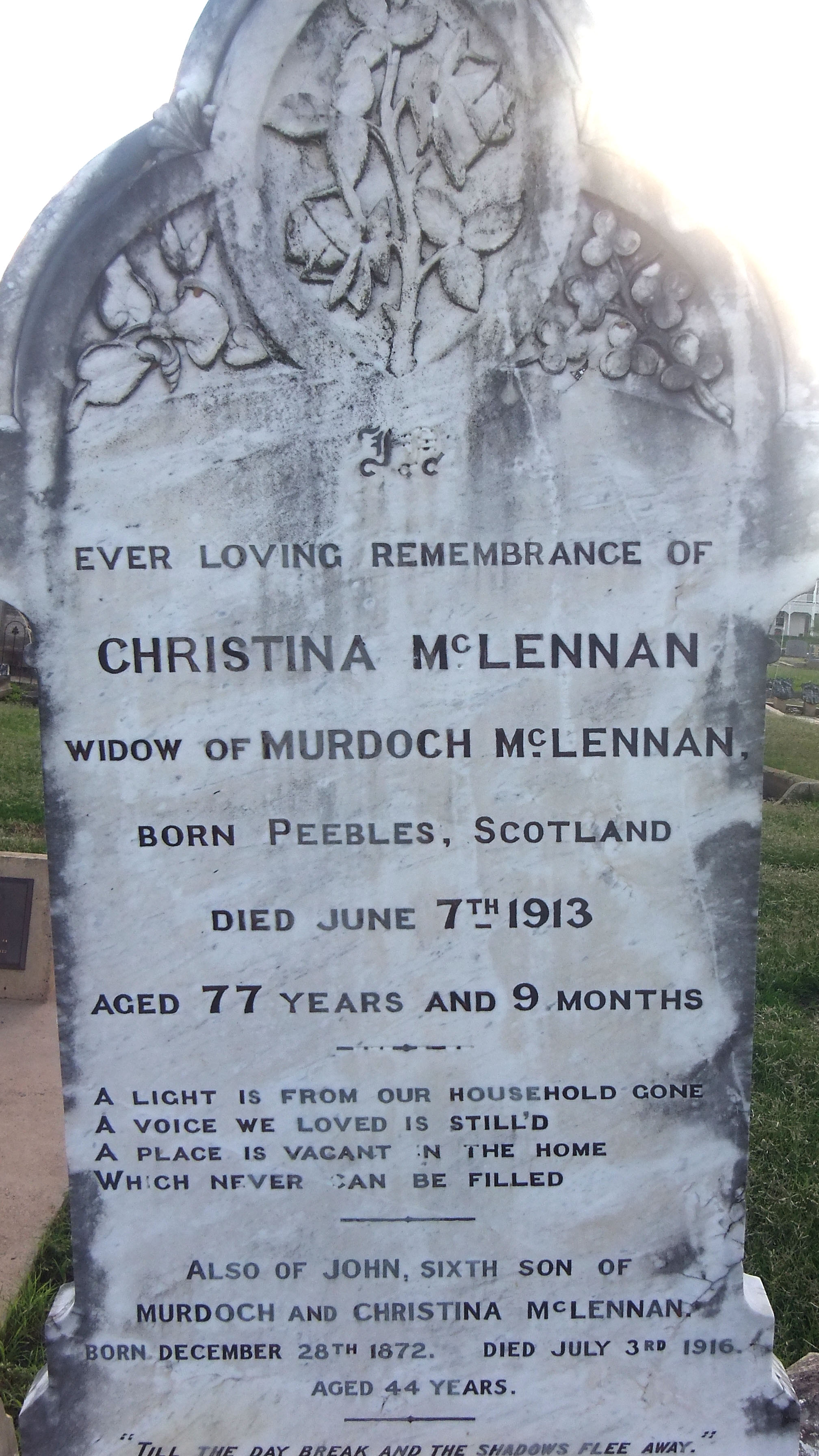 Photo of headstones/Christina McLennan d1913 hdstn DalbyQ